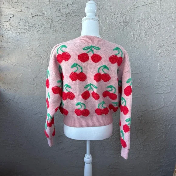 Womens Pink Cherry Print Long Sleeve Crew Neck Knit Crop Top Sweater - Picture 2 of 7